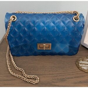 NWT Le Miel Blue Jelly Quilted Gold Chain Crossbody Bag Y2K Clutch Chic Glam